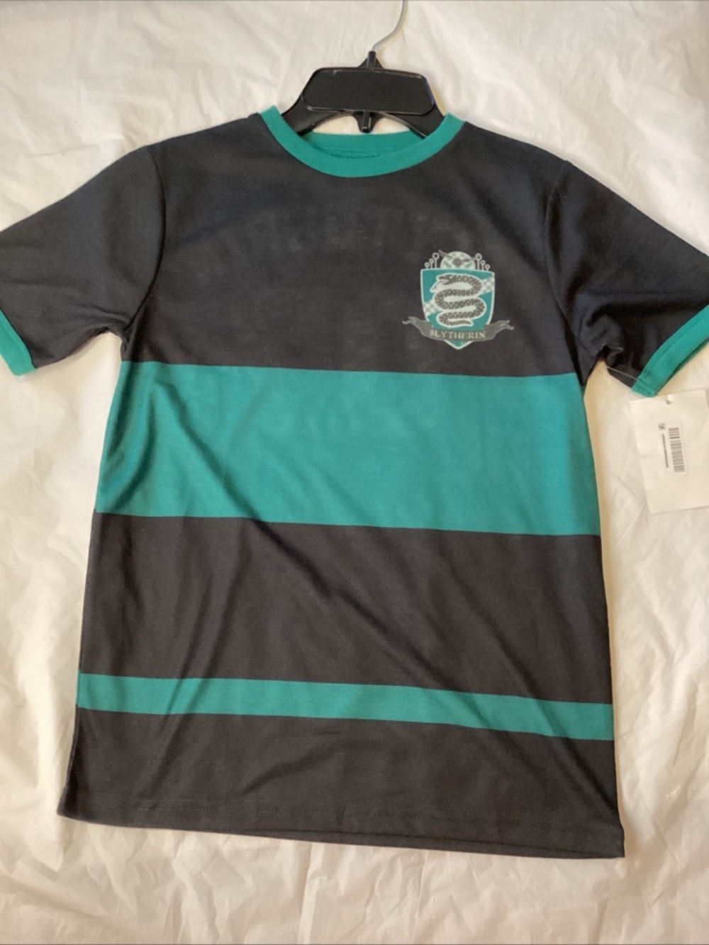 Harry Potter Slytherin Short Sleeve Stripe Tee in Black & Teal
